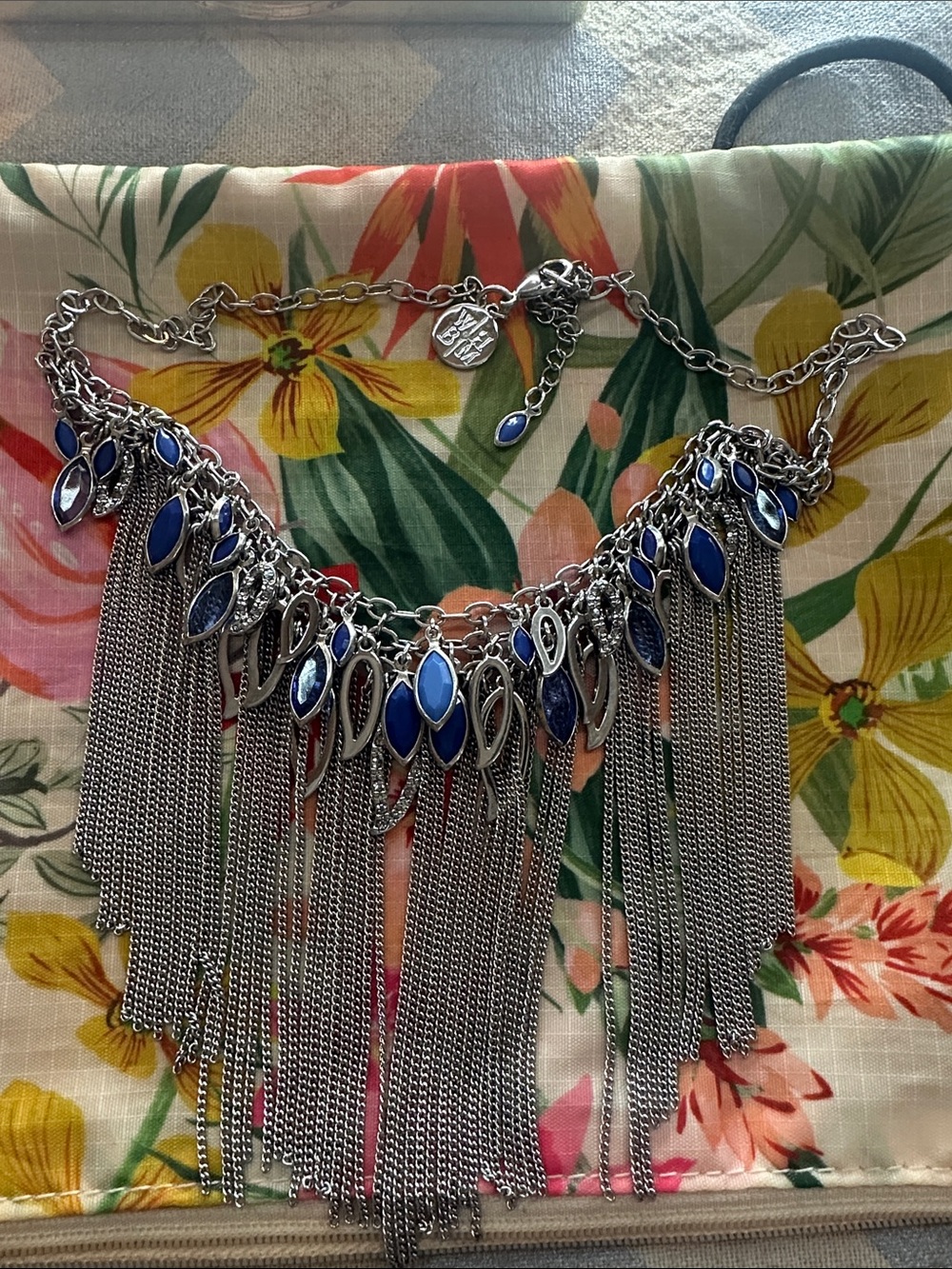White House Black Market Silver-Tone Fringe Necklace with Blue Accents